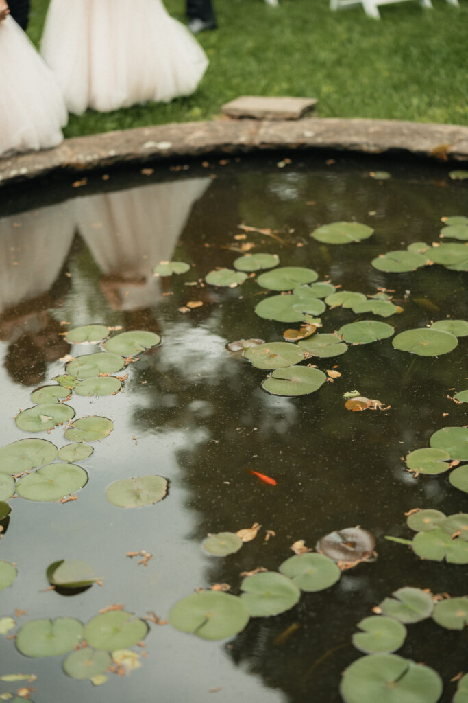 Lily pad pond reflection at outdoor wedding venue, NC estate